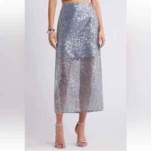 Open Edit Silver Sequin Midi Pencil Skirt